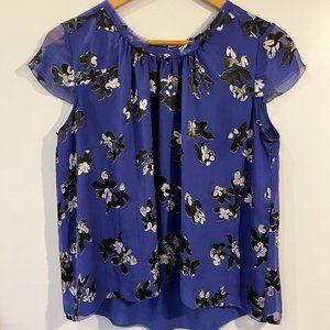 Rebecca Taylor Blue Floral Silk Short Sleeve Blouse Size 2